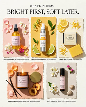 What is in them - bright first, soft later. The nourishing body oil, the citrus energizing shower spray, the lemon zest scrub, the rose and sandalwood candle and the essential oil roller