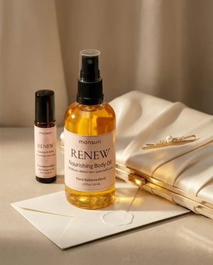 RENEW nourishing body oil and the essential oil roller in the floral radiance blend resting on a bridal clutch and envelope - the two pieces a bridesmaid keeps close on the wedding morning