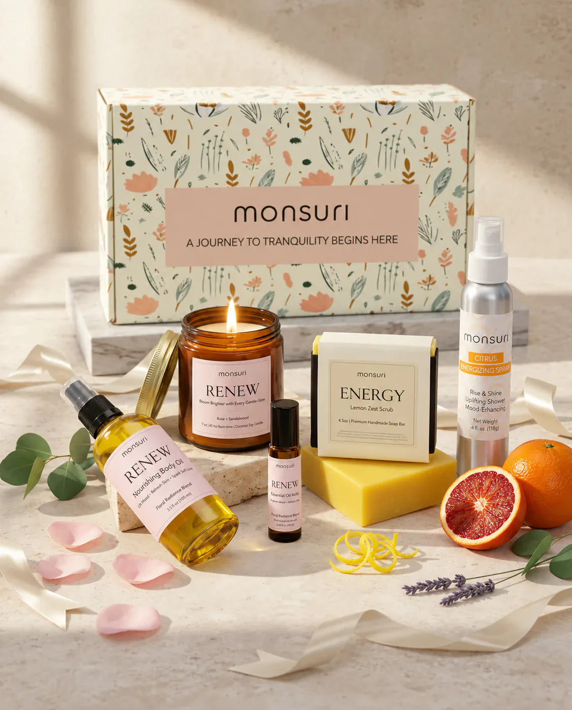 Bridesmaid Bliss gift set styled with satin ribbon, blood orange and rose petals - lit rose sandalwood candle, lemon zest scrub soap bar, citrus shower spray, body oil and essential oil roller beside the botanical gift box