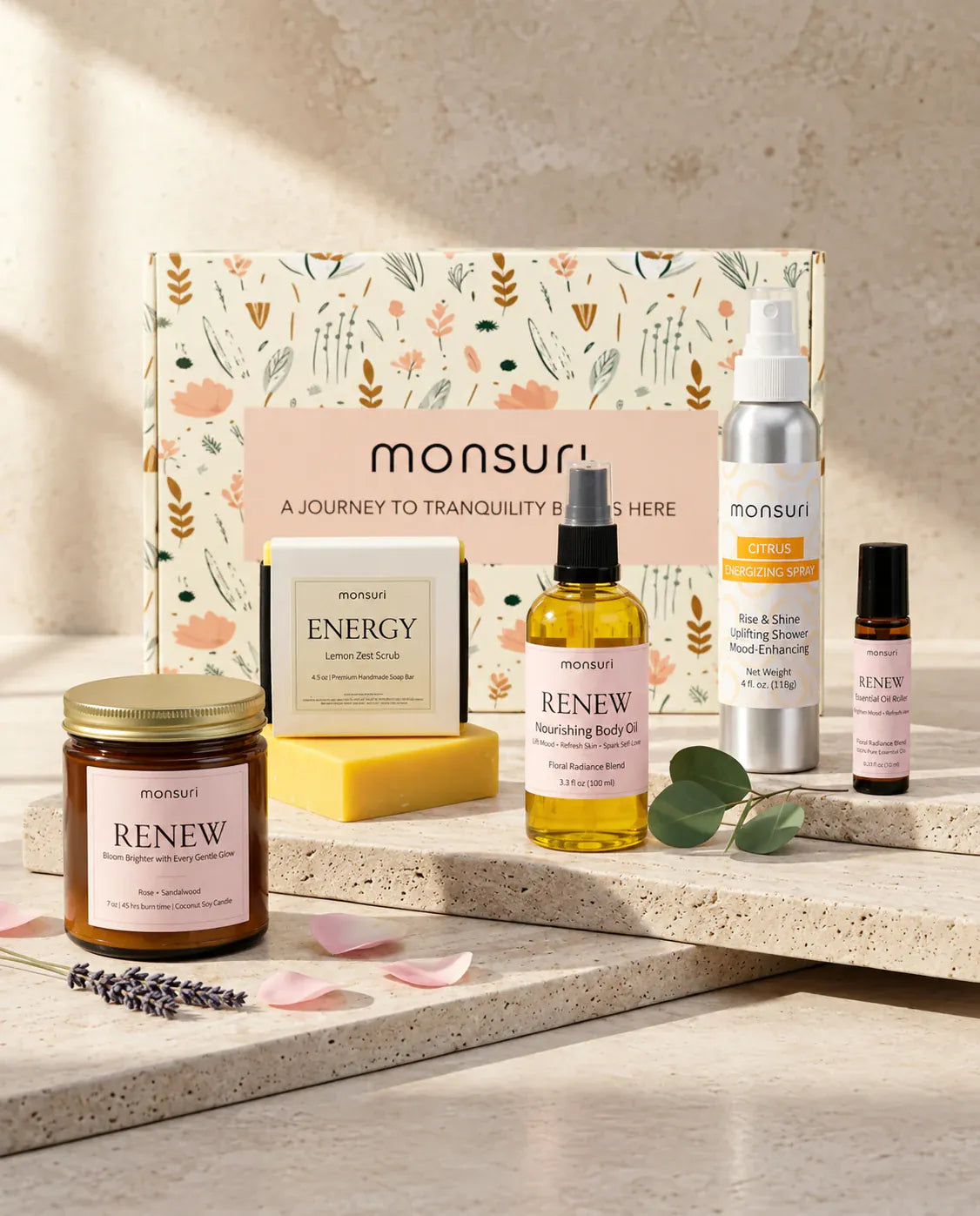 All five bridesmaid gifts in front of the botanical kraft box - RENEW rose and sandalwood candle 7 oz, CITRUS energizing shower spray 4 fl oz in brushed aluminium, ENERGY lemon zest scrub soap 4.5 oz, nourishing body oil 3.3 fl oz and essential oil roller 0.33 fl oz