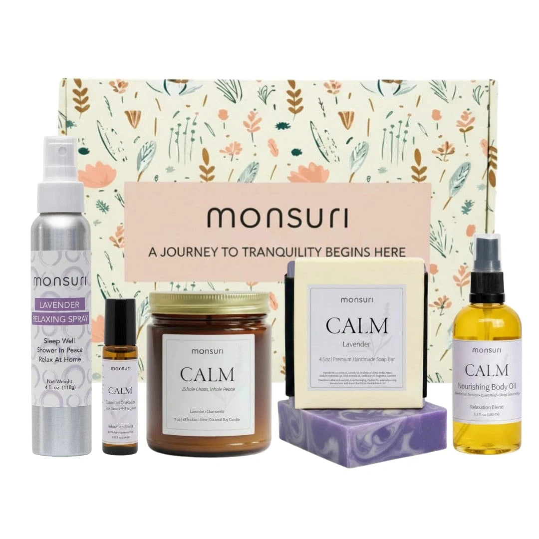 Anxiety relief gift set with lavender candle, shower mist, soap, body oil and essential oil roller for stress support.