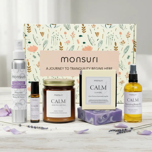 Anxiety and Stress relief gift set with lavender candle, shower mist, soap, body oil and essential oil roller for stress support.