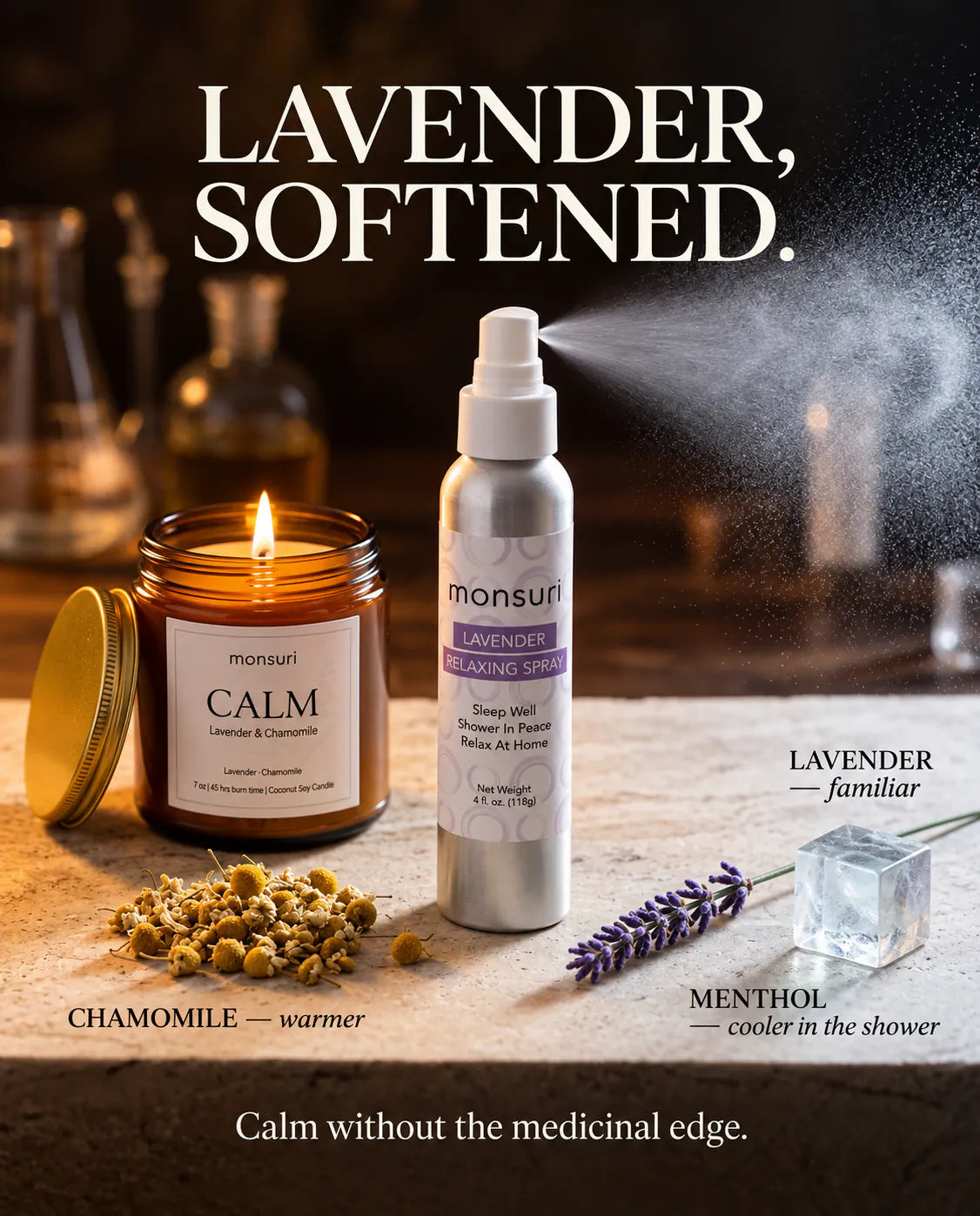 Lavender, softened - the CALM lavender and chamomile candle beside the 4 fl oz lavender relaxing shower spray, with chamomile for warmth, lavender for the familiar note and menthol for a cooler finish in the shower