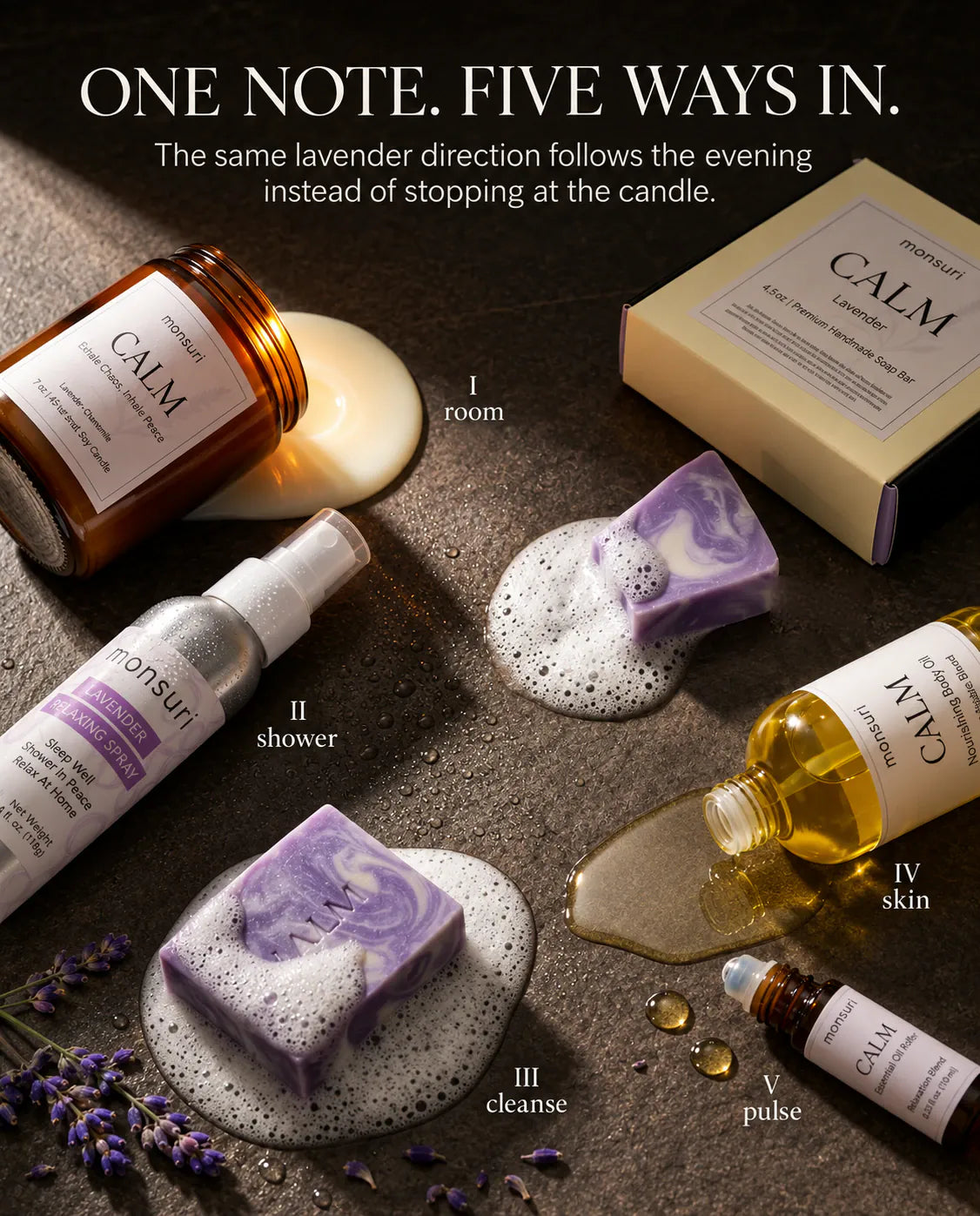 One note, five ways in - the CALM lavender-chamomile candle for the room, the lavender relaxing shower spray, the lavender soap bar, the CALM nourishing body oil for skin and the essential oil roller for pulse points, numbered one to five on dark stone