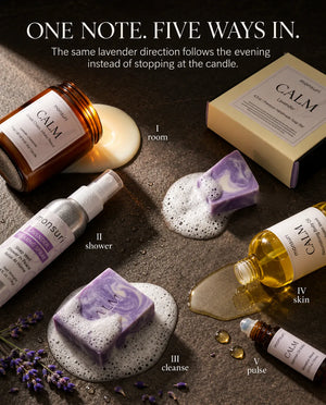 One note, five ways in - the CALM lavender-chamomile candle for the room, the lavender relaxing shower spray, the lavender soap bar, the CALM nourishing body oil for skin and the essential oil roller for pulse points, numbered one to five on dark stone