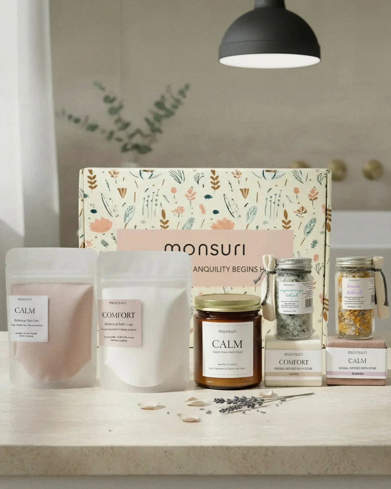 The Choose-Your-Calm bath gift set in front of its botanical kraft gift box: two botanical bath soak pouches, the CALM lavender chamomile candle, two herbal-infused bath bombs and two jars of bath salts, on a sunlit counter.