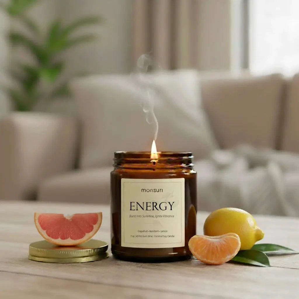 Citrus grapefruit energy candle burning on workspace desk for natural mood boost