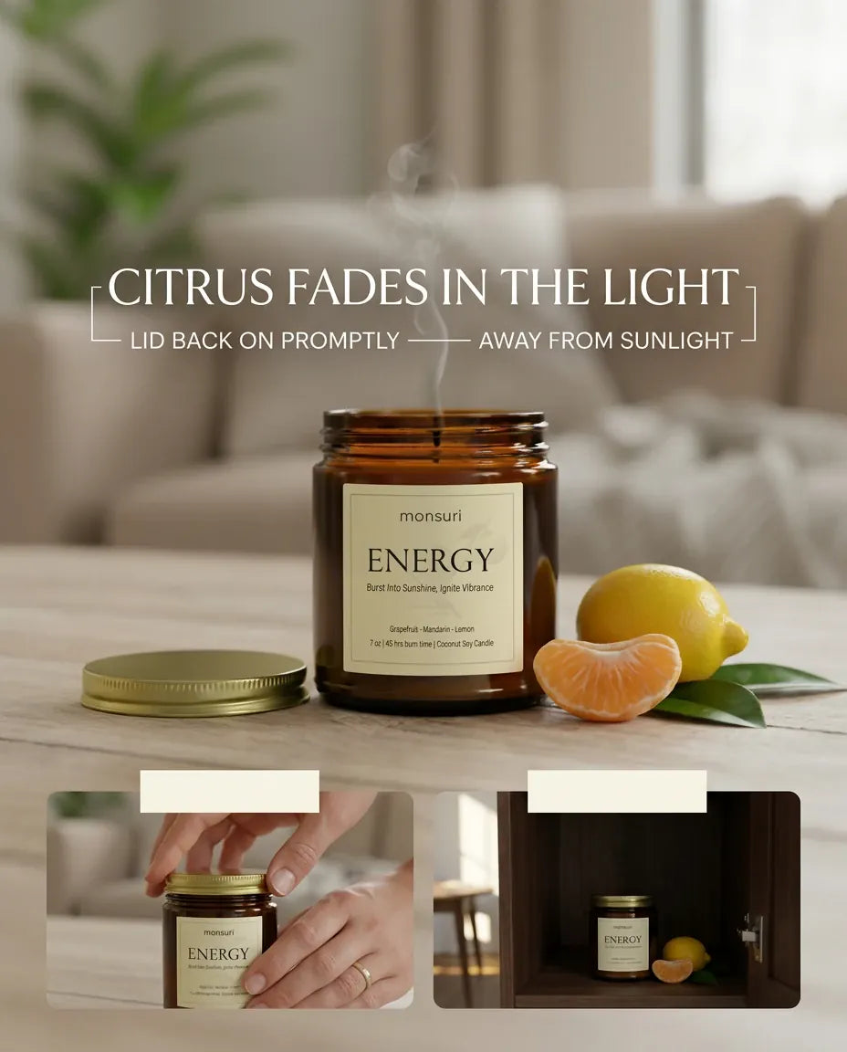 Infographic titled 'Citrus Fades in the Light' with care tips to put the lid back on promptly and store the Monsuri ENERGY candle away from sunlight.