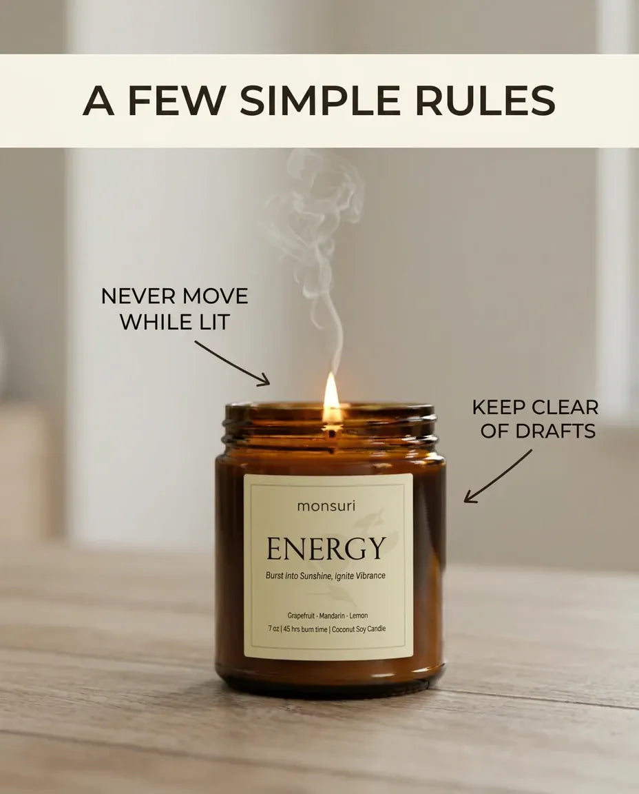 Infographic titled 'A Few Simple Rules' reminding not to move the Monsuri ENERGY candle while lit and to keep it clear of drafts.