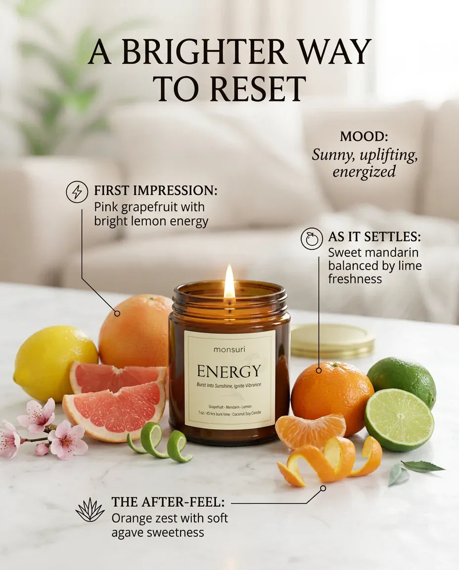 Infographic mapping the Monsuri ENERGY candle's scent arc: first impression of grapefruit and lemon, sweet mandarin as it settles, and an orange-agave after-feel.
