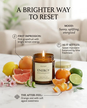 Infographic mapping the Monsuri ENERGY candle's scent arc: first impression of grapefruit and lemon, sweet mandarin as it settles, and an orange-agave after-feel.