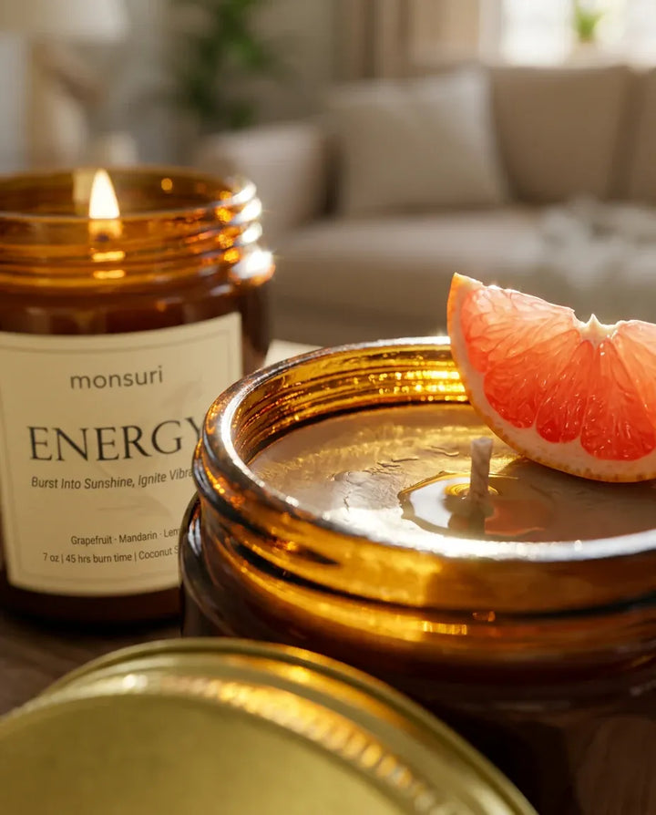 Close-up of the cotton wick and flame on a lit Monsuri ENERGY citrus grapefruit candle, with a grapefruit wedge resting on its gold lid.