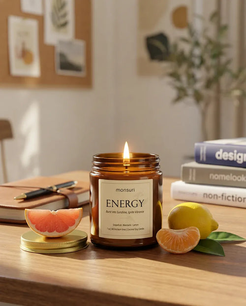 Monsuri ENERGY citrus grapefruit candle lit on a home desk beside a leather journal, pen, and stacked books, next to fresh grapefruit and mandarin.