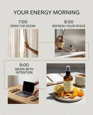 Monsuri ENERGY citrus hydrosol morning timeline: 7:00 open the room, 8:00 refresh your space, 9:00 begin with intention.