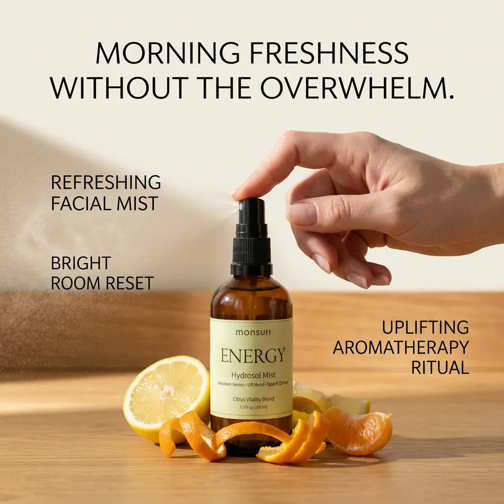 Monsuri ENERGY citrus hydrosol being misted by hand over citrus peel, captioned morning freshness without the overwhelm: refreshing facial mist, bright room reset, uplifting aromatherapy ritual.