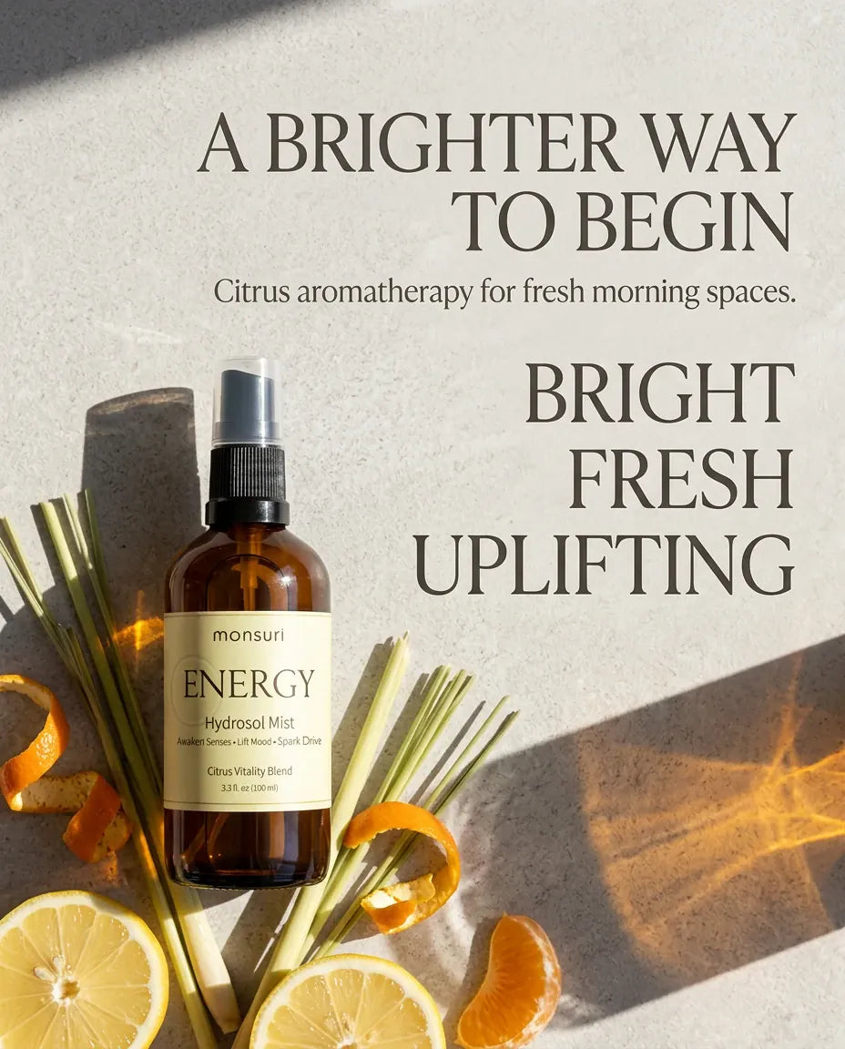 Monsuri ENERGY citrus hydrosol with citrus peel and lemongrass, captioned a brighter way to begin: citrus aromatherapy for fresh morning spaces, bright, fresh, uplifting.