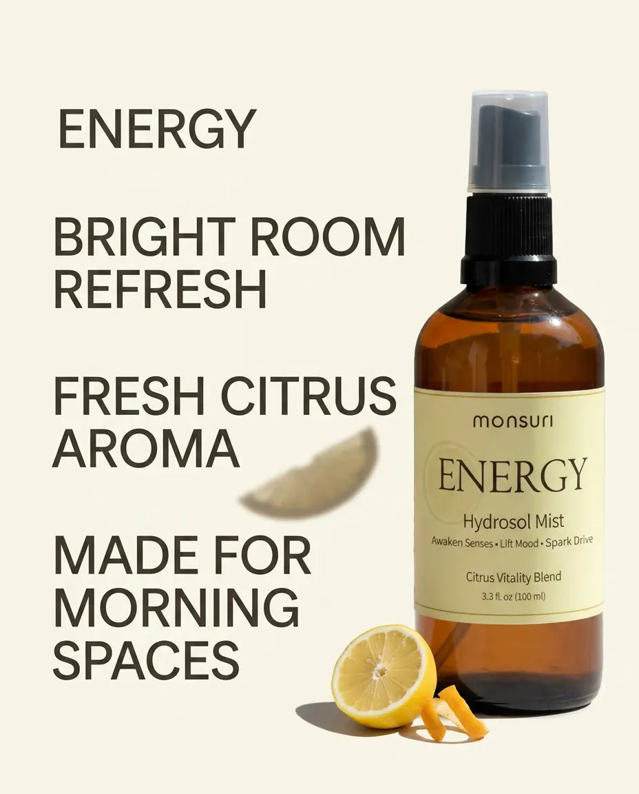 Monsuri ENERGY citrus hydrosol with citrus peel, labeled bright room refresh, fresh citrus aroma, made for morning spaces.