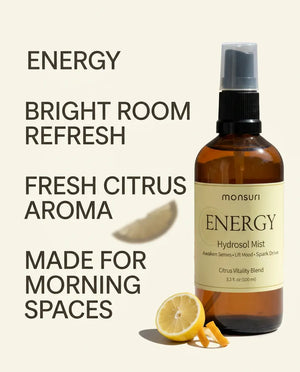Monsuri ENERGY citrus hydrosol with citrus peel, labeled bright room refresh, fresh citrus aroma, made for morning spaces.