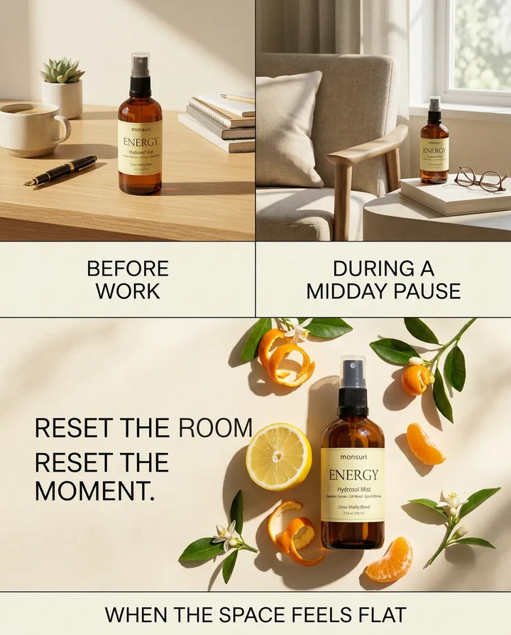 Monsuri ENERGY citrus hydrosol styled on a desk and a bright window seat, captioned reset the room, reset the moment, for before work and midday pauses.