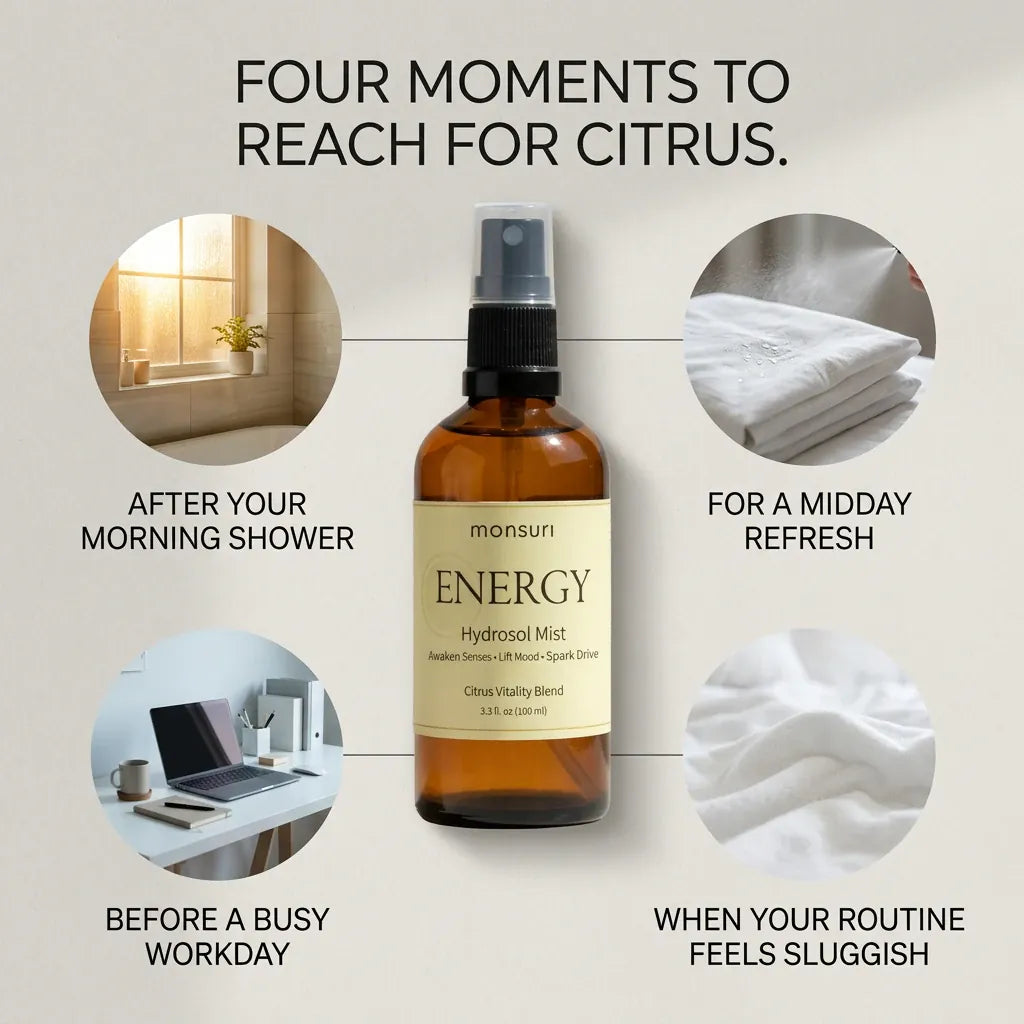 Monsuri ENERGY citrus hydrosol infographic: four moments to reach for it -- after your morning shower, for a midday refresh, before a busy workday, when your routine feels sluggish.