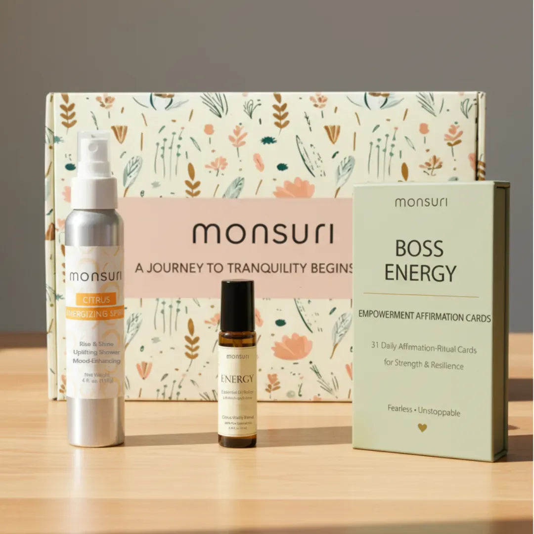 Confidence and empowerment gift set with affirmation cards citrus shower spray essential oil roller botanical packaging