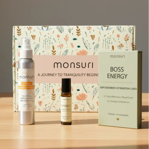 Confidence and empowerment gift set with affirmation cards citrus shower spray essential oil roller botanical packaging