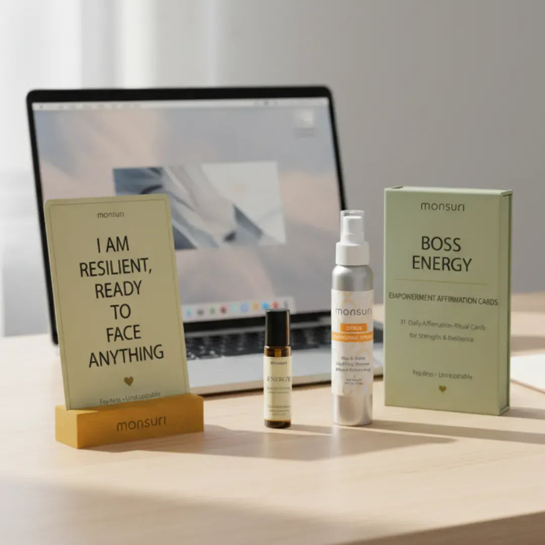 Empowerment gifts for women featuring affirmation cards wooden stand citrus aromatherapy spray portable essential oil roller