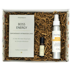 Confidence building gift set with empowerment affirmation cards citrus spray essential oil blend gift-ready box