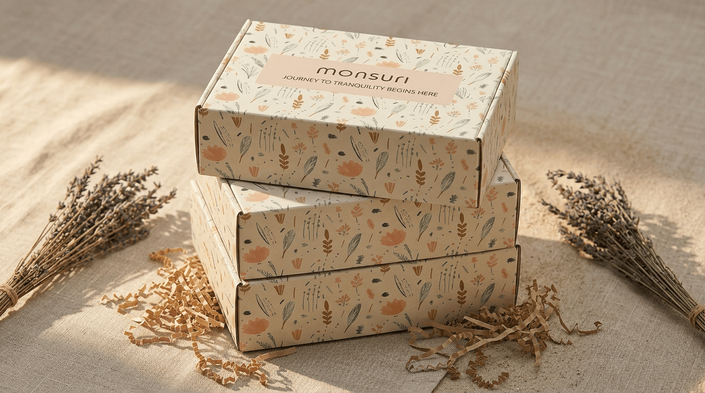 A stack of Monsuri botanical gift boxes on linen, ready to send at scale.
