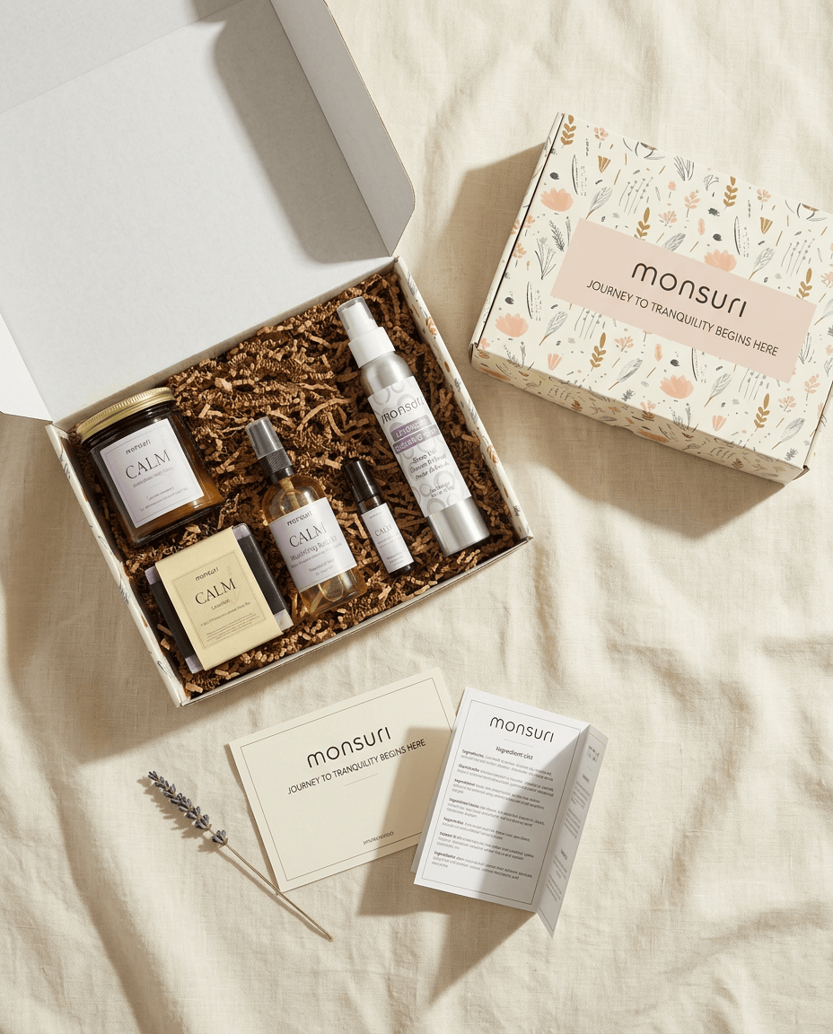 An open Monsuri gift box with its contents, a printed note card and a folded ingredient list.