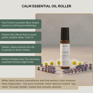 Calm essential oil roller with pure French lavender blend in golden jojoba oil for pulse point application, providing instant portable aromatherapy for stress relief, better sleep and daily tension with convenient roll-on design fitting purse or bedside table