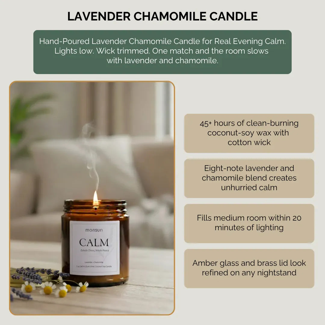 Hand-poured lavender chamomile candle in amber glass jar with clean-burning coconut-soy wax providing 40 hours of calming aromatherapy, shown burning in cozy evening setting with soft lighting and natural botanical accents
