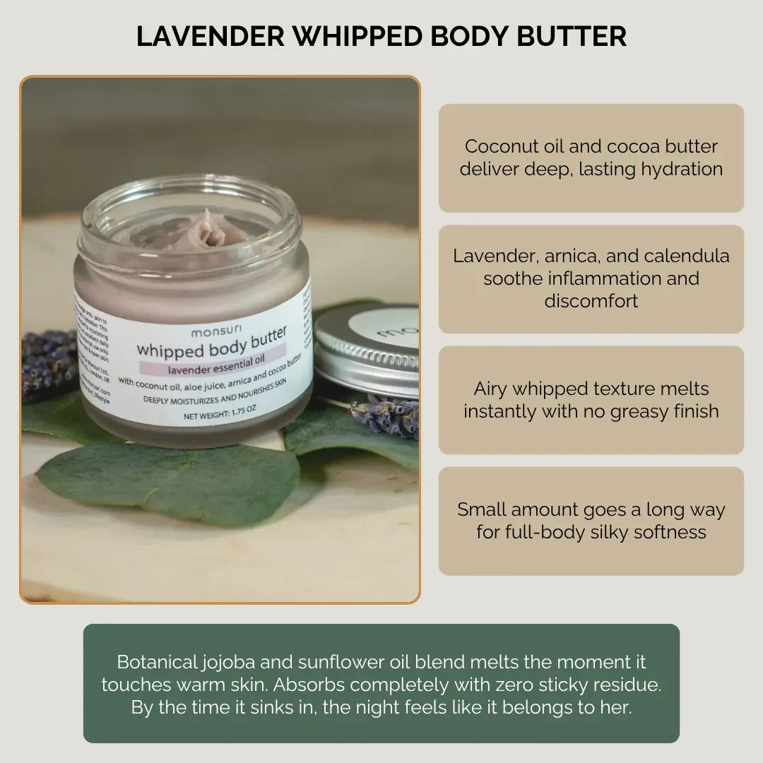 Lavender whipped body butter with house-infused arnica and calendula botanicals in lightweight formula that absorbs completely with non-greasy finish, touched by hand showing silky texture for nightly moisture care
