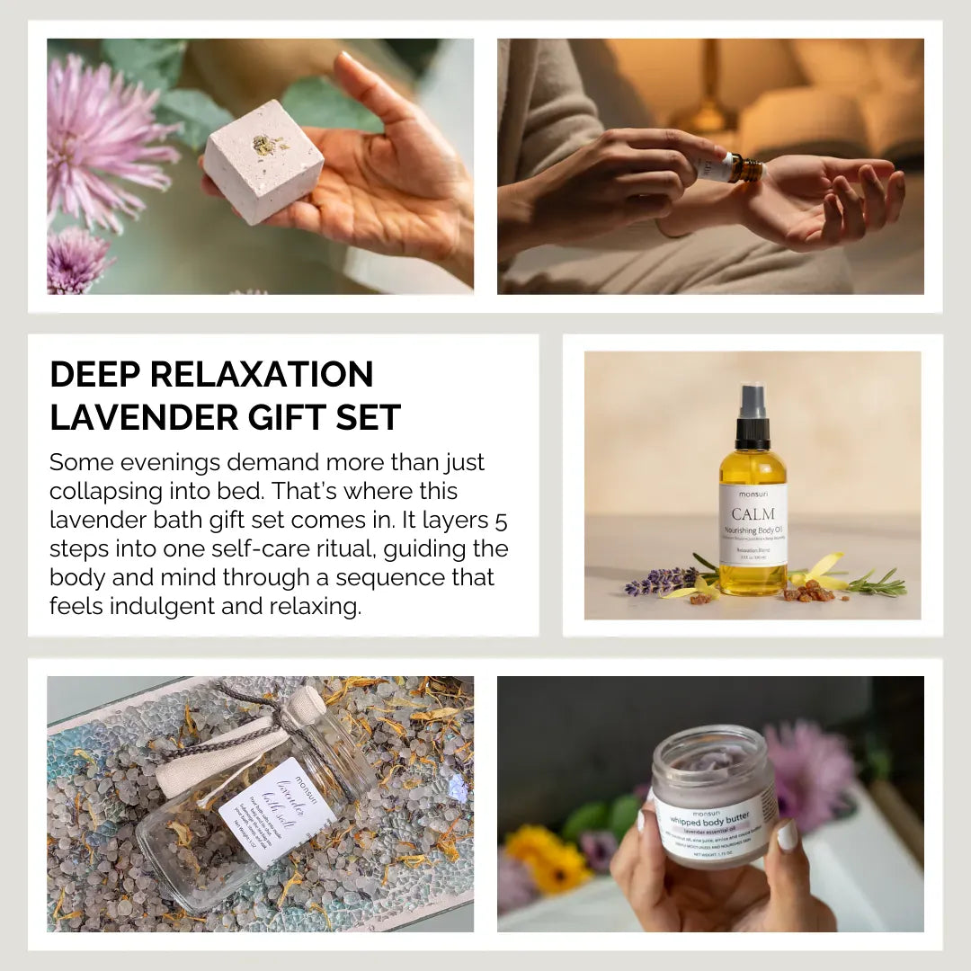 Deep relaxation lavender gift set lifestyle images showing aromatherapy candle, body oil, bath products and whipped butter arranged as complete spa experience for women needing calm and stress relief.
