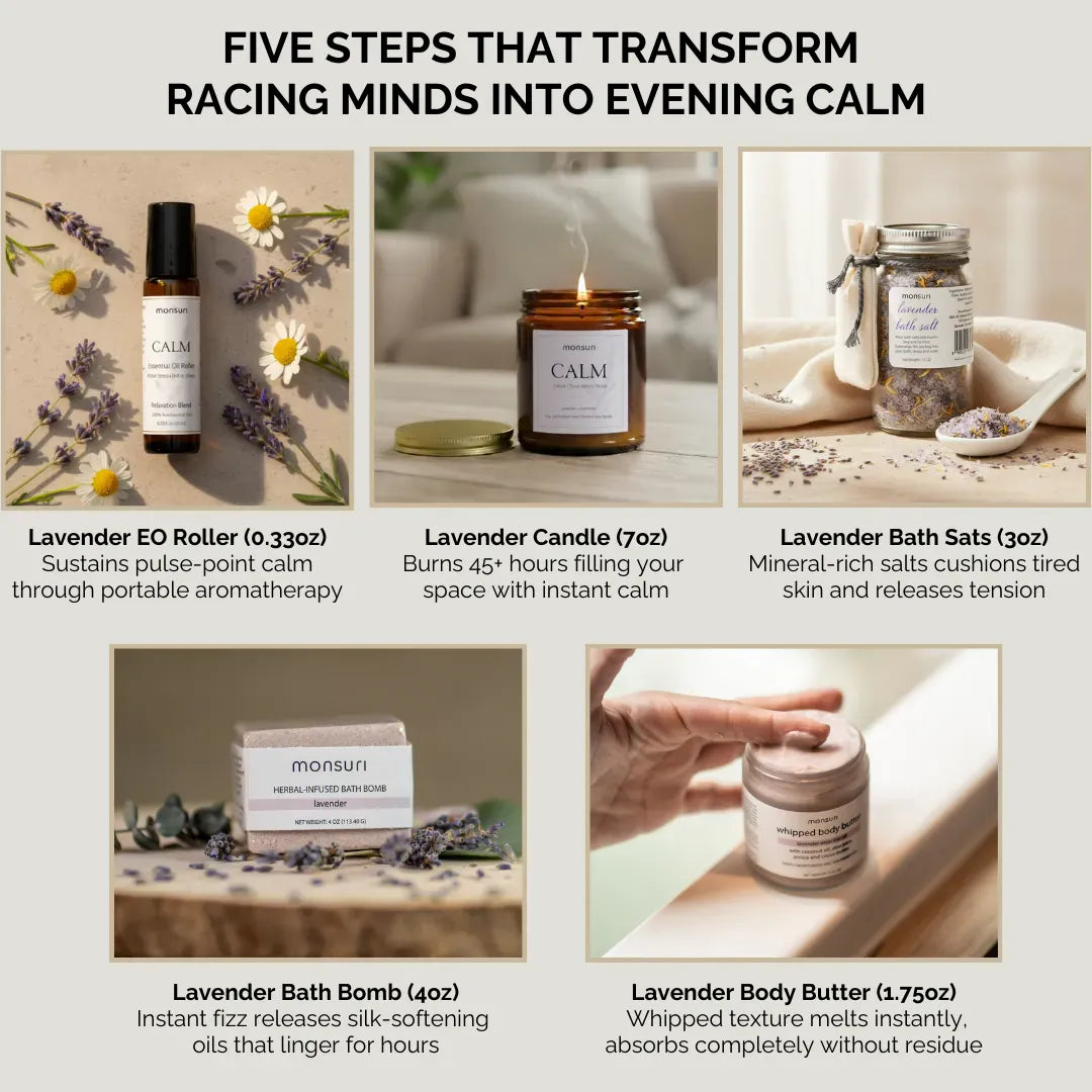 Five step lavender relaxation ritual showing essential oil roller for calm, lavender aromatherapy candle for evening ambiance, lavender bath bomb for spa-quality soak, bath salts for muscle comfort, and whipped body butter for moisture in cohesive self care routine