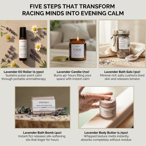 Five step lavender relaxation ritual showing essential oil roller for calm, lavender aromatherapy candle for evening ambiance, lavender bath bomb for spa-quality soak, bath salts for muscle comfort, and whipped body butter for moisture in cohesive self care routine