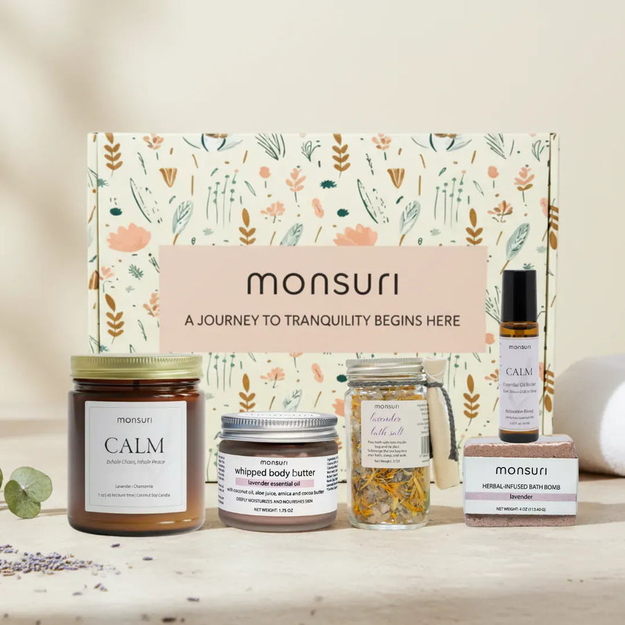 Deep Relaxation Gift Set for Women - Lavender Bath Salt, Lavender Candle, Lavender Body Butter, Lavender Bath Bomb and Lavender Essential Oil Roller