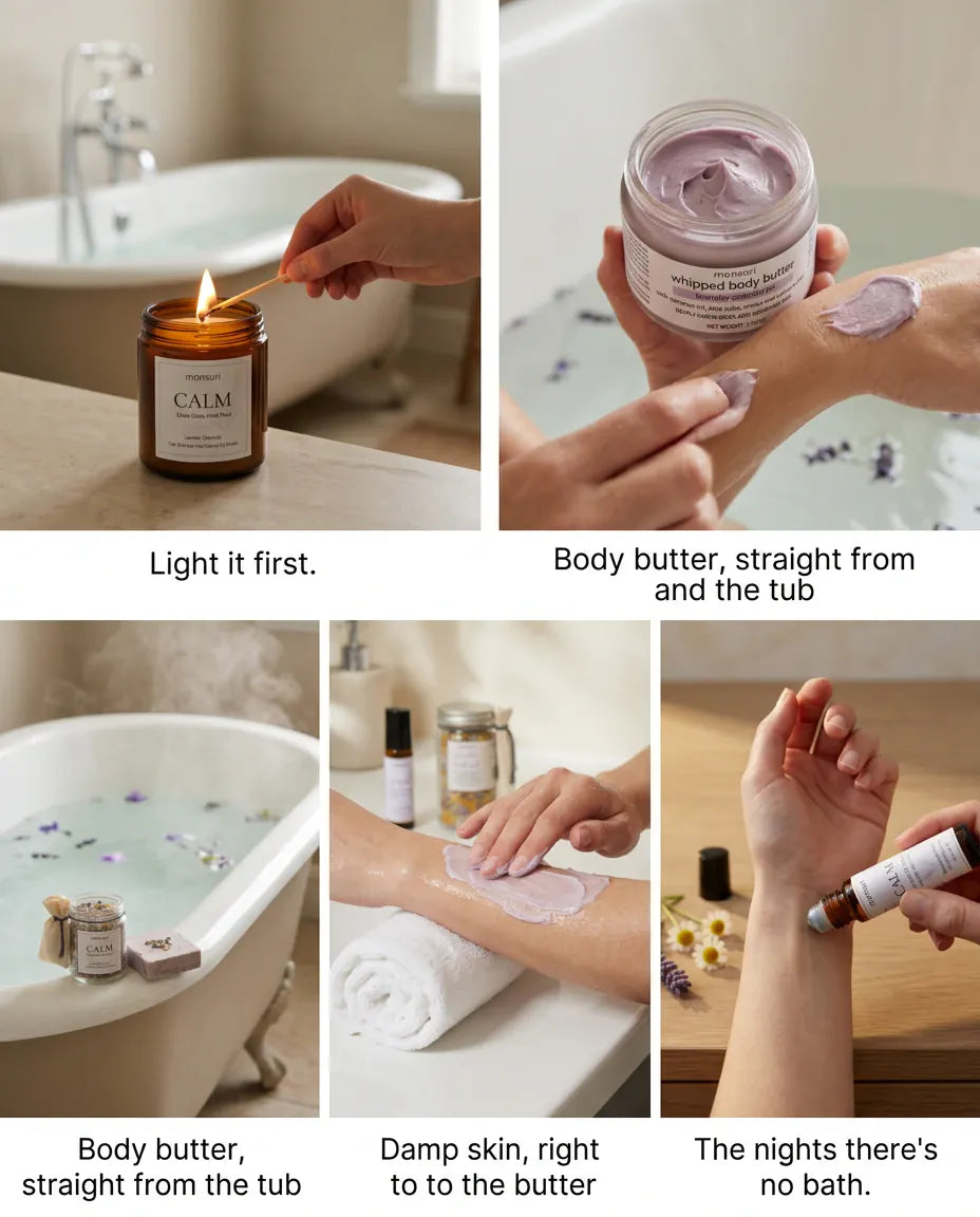 Five moments in the lavender evening ritual: lighting the CALM candle by the tub, the whipped body butter opened, the bath drawn with lavender bath salts, body butter smoothed onto damp skin, and the essential oil roller for the nights there is no bath.