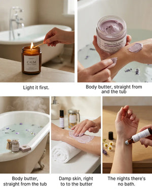Five moments in the lavender evening ritual: lighting the CALM candle by the tub, the whipped body butter opened, the bath drawn with lavender bath salts, body butter smoothed onto damp skin, and the essential oil roller for the nights there is no bath.