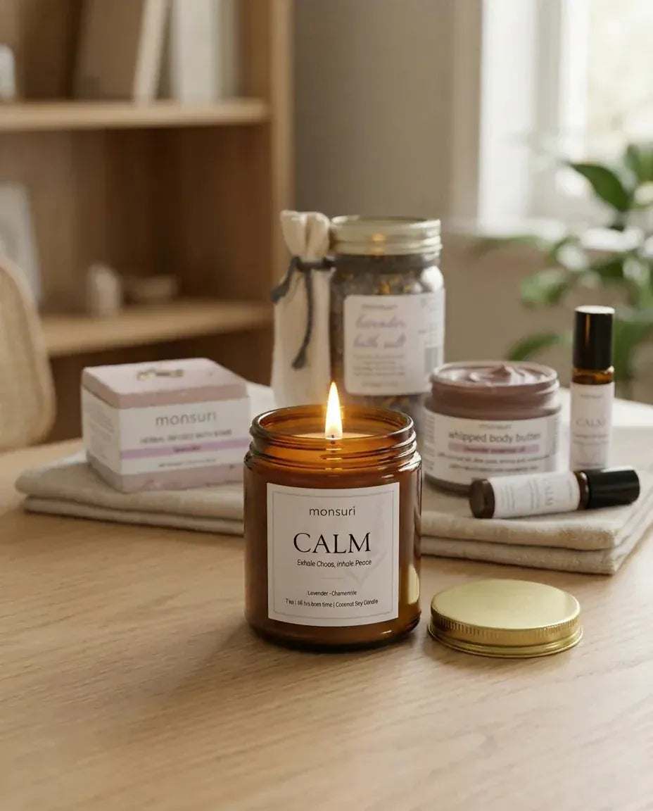 The CALM lavender chamomile candle burning in front of the rest of the lavender gift set — the lavender bath salt jar, the whipped body butter, the bath bomb and the essential oil roller on a linen-topped counter.