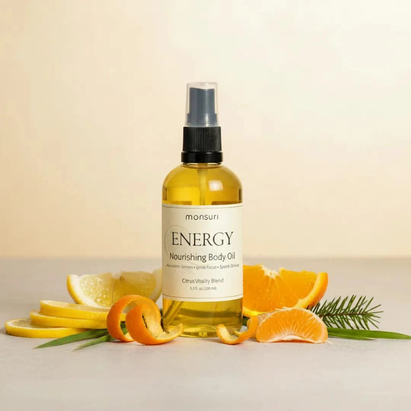 Energizing citrus body oil bottle with Italian lemon and Brazilian orange essential oils for natural morning energy
