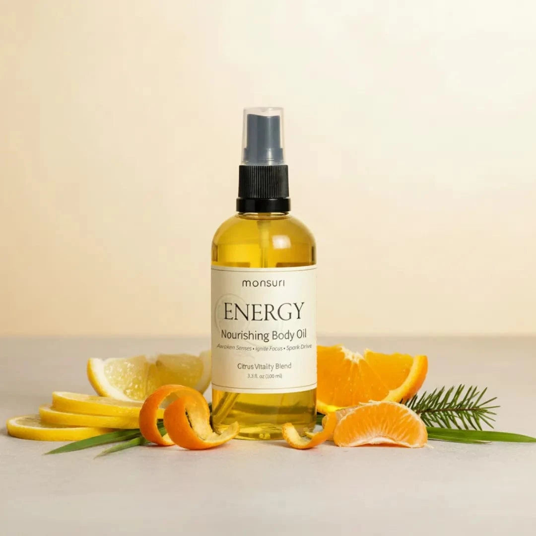 Energizing citrus body oil bottle with Italian lemon and Brazilian orange essential oils for natural morning energy