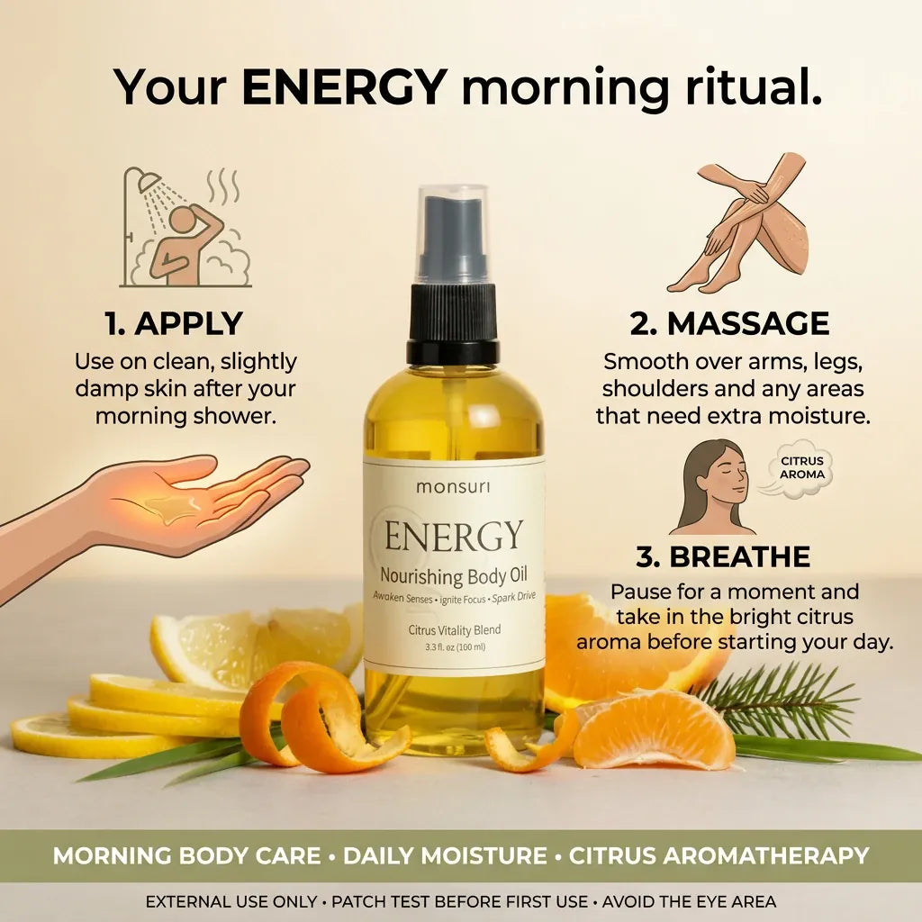 How to use ENERGY body oil in three steps: apply to clean, slightly damp skin after your morning shower, massage over arms, legs and shoulders, then breathe in the citrus aroma.