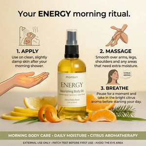 How to use ENERGY body oil in three steps: apply to clean, slightly damp skin after your morning shower, massage over arms, legs and shoulders, then breathe in the citrus aroma.