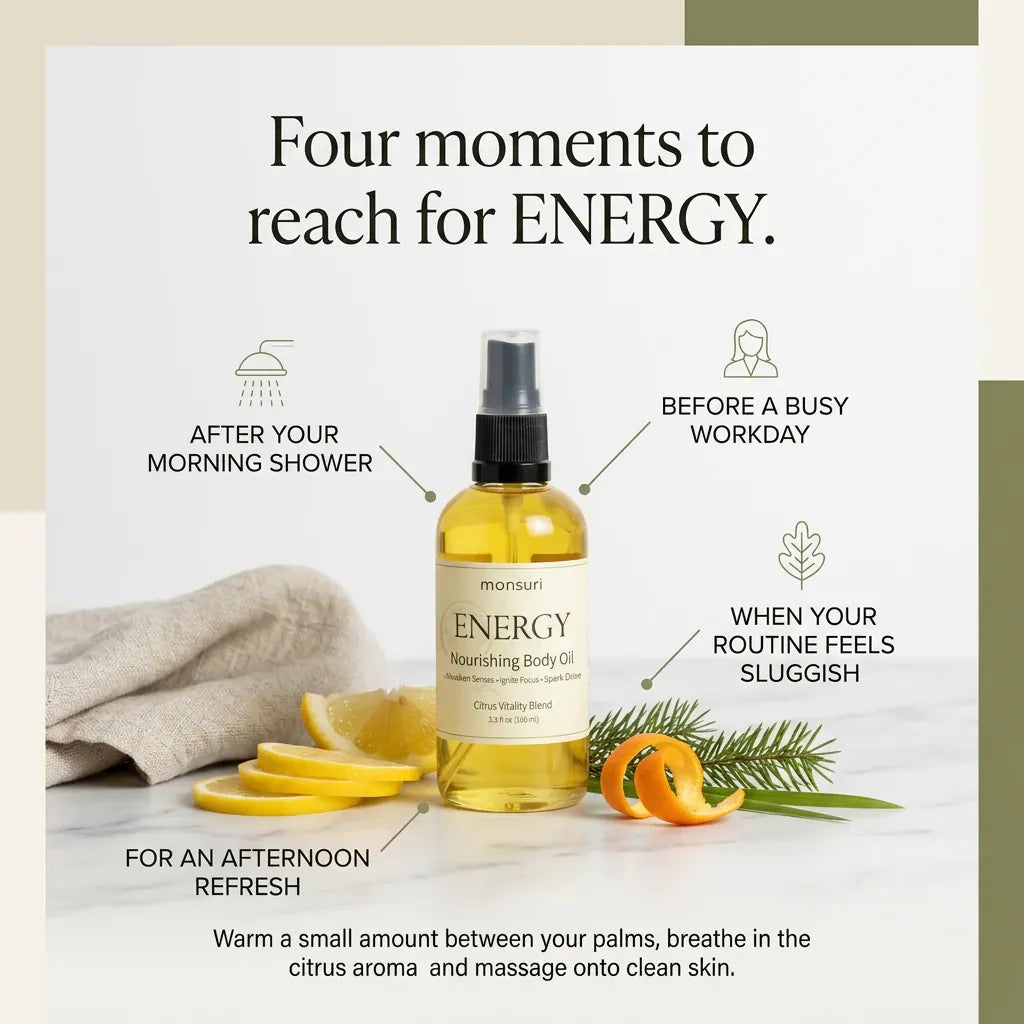 Four moments to reach for ENERGY citrus body oil: after your morning shower, before a busy workday, when your routine feels sluggish, and for an afternoon refresh.