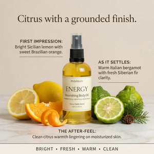 ENERGY body oil scent journey: bright Sicilian lemon and sweet Brazilian orange settling into warm Italian bergamot and fresh Siberian fir — bright, fresh, warm, clean.