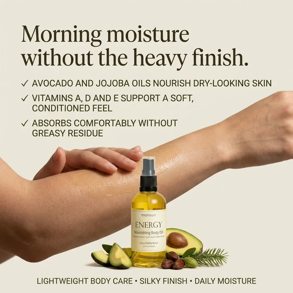 ENERGY citrus body oil benefits: avocado and jojoba oils nourish dry-looking skin, vitamins A, D and E support a soft conditioned feel, and it absorbs comfortably without greasy residue.
