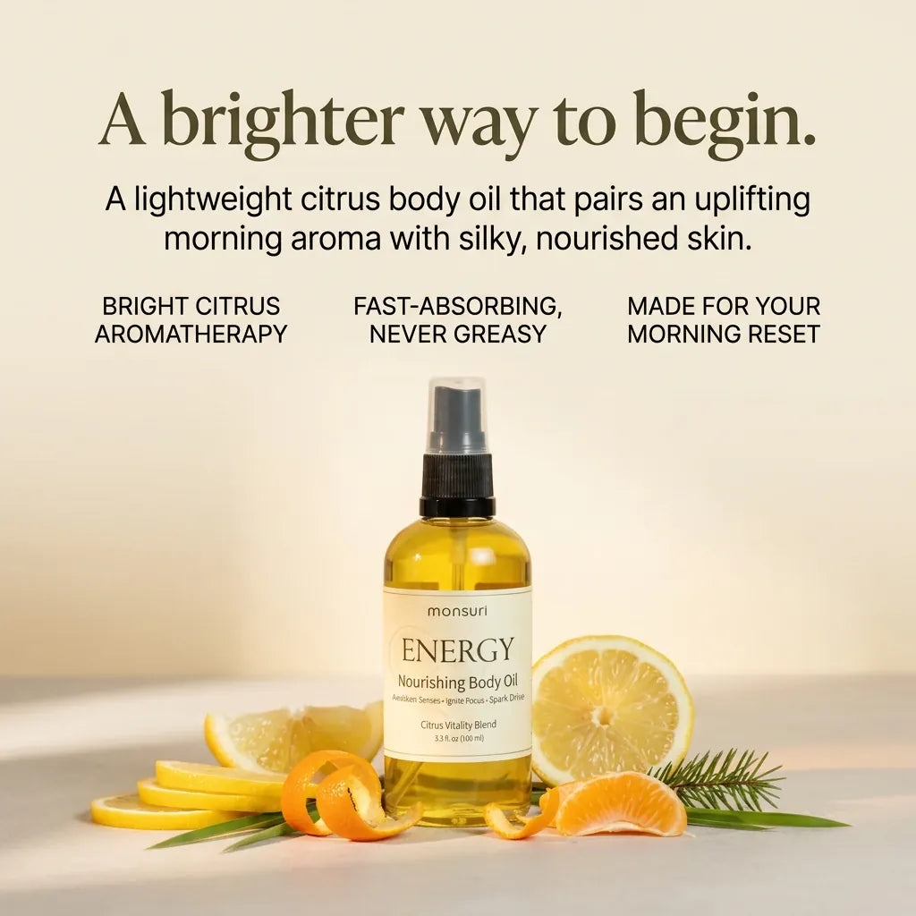 Monsuri ENERGY citrus nourishing body oil — a lightweight, fast-absorbing morning body oil that pairs uplifting Sicilian lemon and orange aromatherapy with silky, nourished skin.