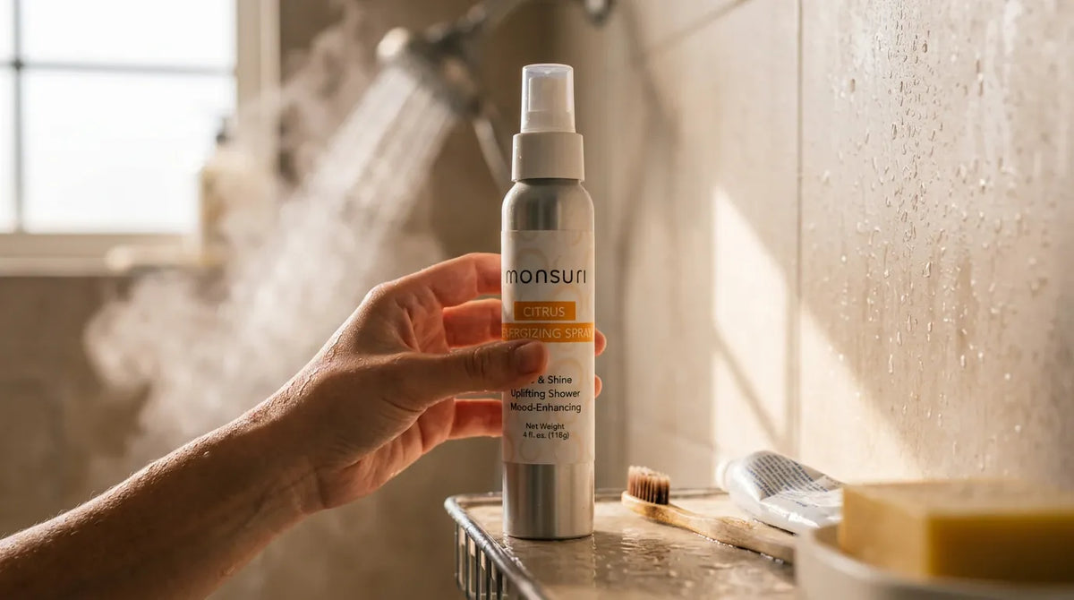 A hand reaching for the CITRUS energizing spray on a shower caddy as the water runs
