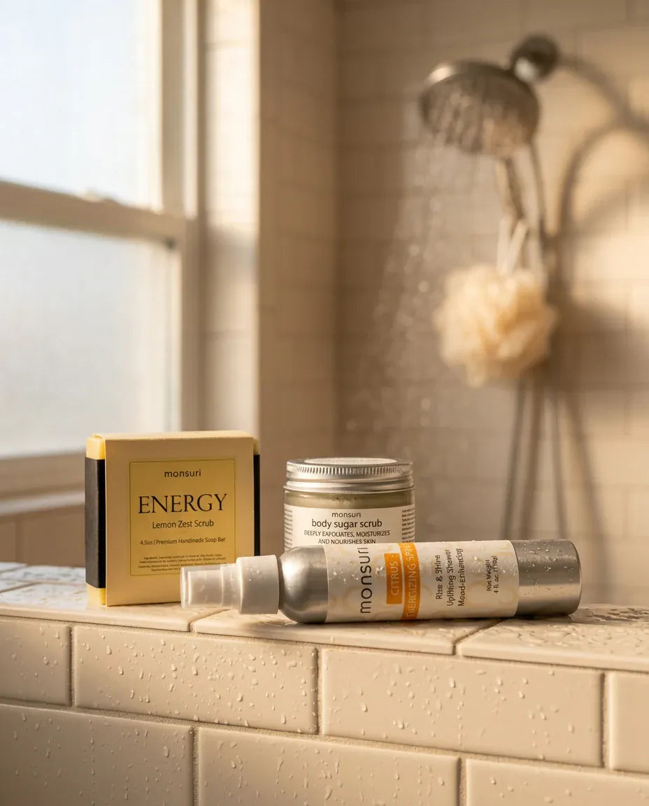 The three pieces on a wet tiled shower ledge in morning light, the shower running behind them